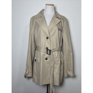 Casual Corner VTG Y2K Cotton Trench Coat Size L Classic Tan Belted Mid Length